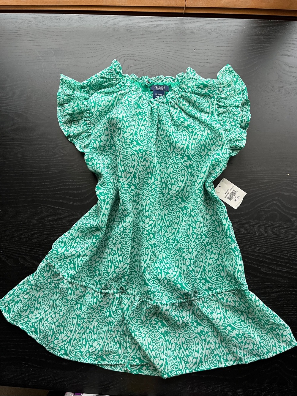 Chaps Green and White Paisley Ruffle-Neck Blouse Size XL